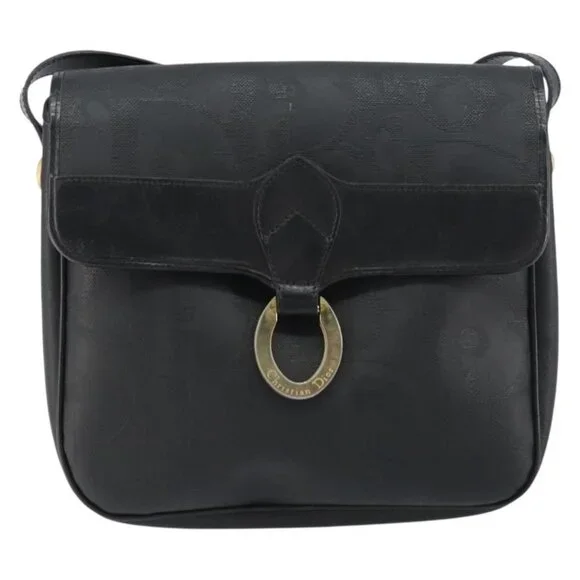 Authentic Christian Dior Trotter Canvas Shoulder Bag PVC Black Gold